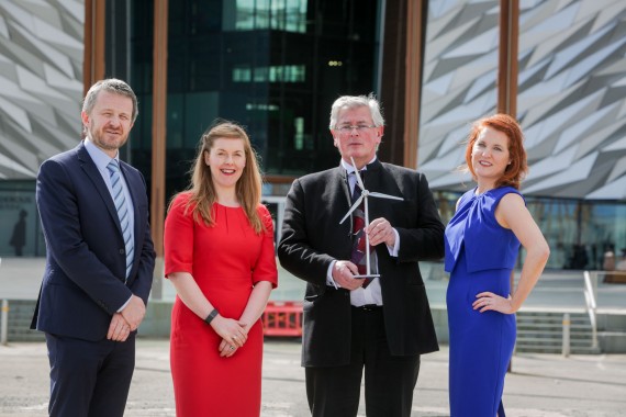 Michael Doran, Managing Director, Action Renewables, shows off the prestigious Action Renweables Award, a solar-powered wind turbine given to outstanding orgnaisations and individuals who have made contributions to the renewables sector in Northern Ireland or demonstrated excellent examples of best practice in the industry. Held at Titanic Belfast on 31st March, this year’s annual awards, sponsored by Vayu Energy, Tughans Solicitors and the Department of Environment, were the largest to date and saw members of the renewables industry from across Northern Ireland come together to celebrate local achievements and innovation in the sector. Photographed are (L-R): Angus Kerr, Department of Environment; Maria O’Loan, Tughans; Michael Doran, Action Renewables; Mary Rossiter, Vayu.